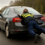 AI-illustratie bij: Concept: Auto & Mobiliteit — Video | Politieagent blijft 40 kilometer hangen aan auto