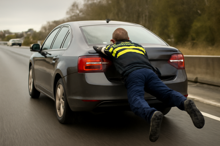 AI-illustratie bij: Concept: Auto & Mobiliteit — Video | Politieagent blijft 40 kilometer hangen aan auto