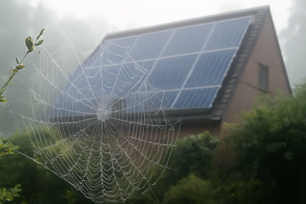 AI-illustratie bij: Zichtbaarheid van spinnenwebben op mistige ochtenden en de relatie met zonnepanelen in de tuin