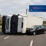 AI-illustratie bij: Concept: Wonen & Vastgoed — Gekantelde vrachtwagen dwars op A9 na botsing met auto,